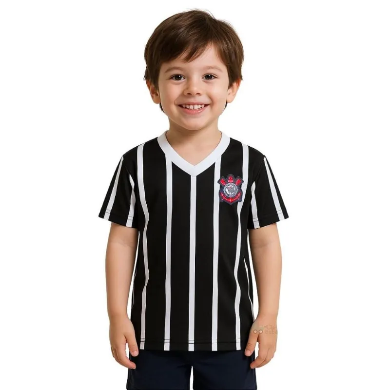 Camiseta Corinthians Infantil Listrada Preta Oficial Tam 4