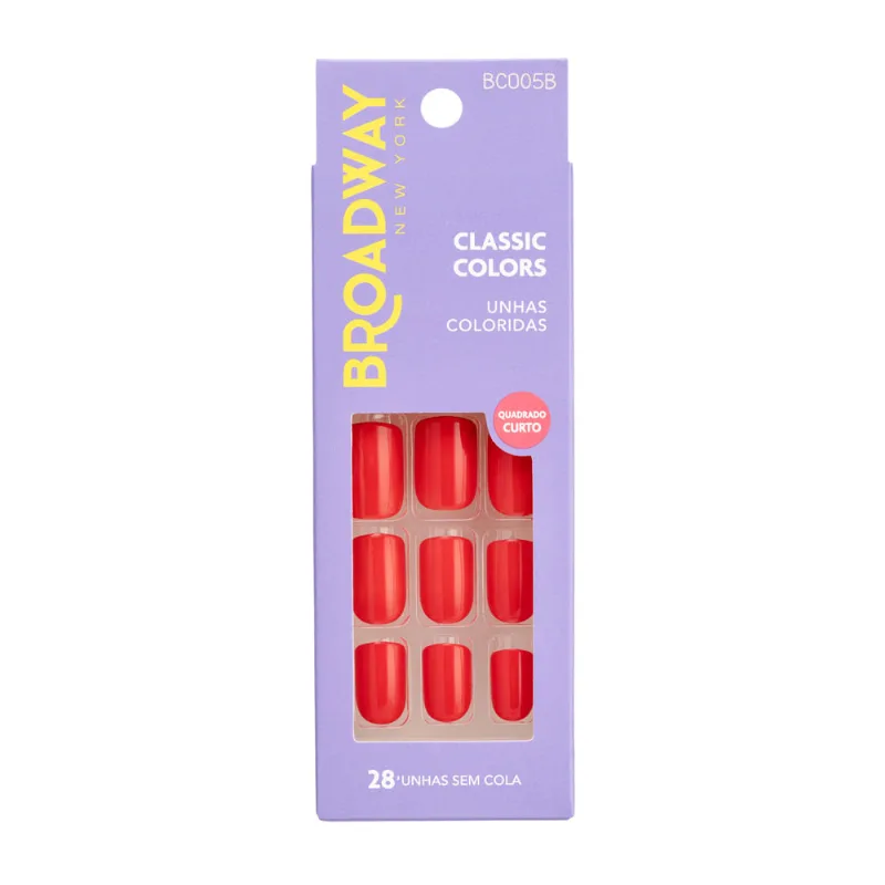 Unhas Postiças Broadway New York Classic Colors Quadrado Curto Vermelho 28 Unidades