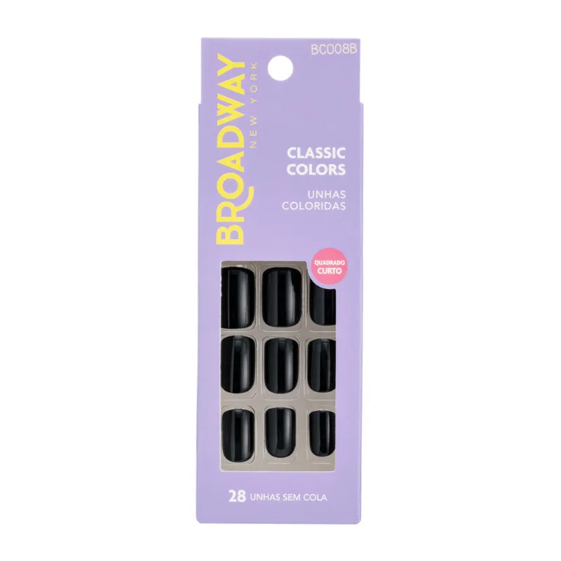 Unhas Postiças Broadway New York Classic Colors Quadrado Curto Preto com 28 Unidades