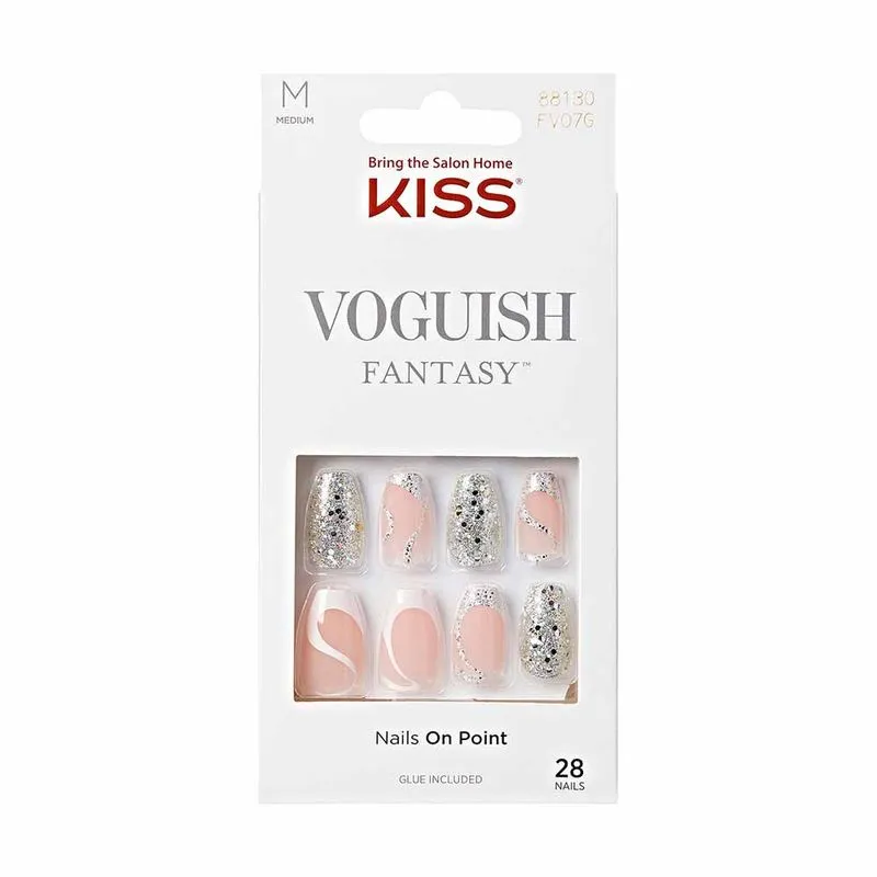 Unhas Postiças Kiss NY Voguish Fantasy - Celebration Nude e Branco com Brilho