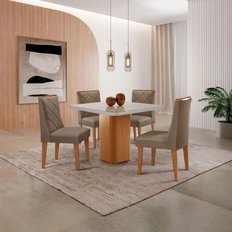 Mesa De Jantar Eloise Canto Copo 4 Cadeiras Isadora Moderna Veludo Capuccino/off White/naturale - Moderna