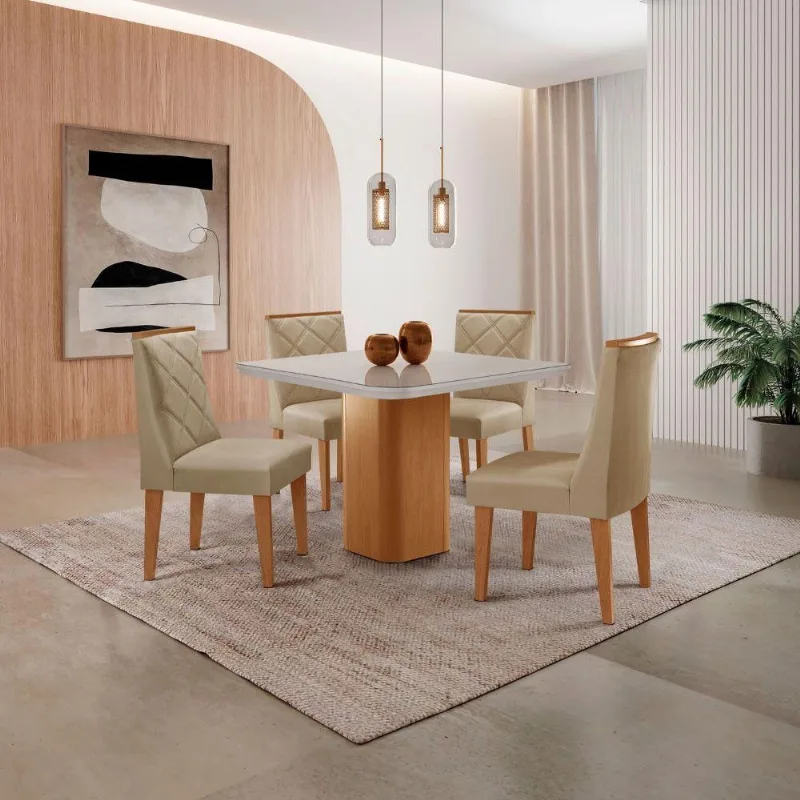 Mesa De Jantar Eloise Canto Copo 4 Cadeiras Isadora Moderna Turim 07/off White/ - Moderna