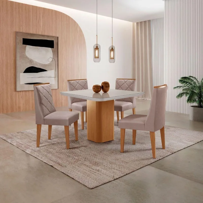 Mesa De Jantar Eloise Canto Copo 4 Cadeiras Isadora Moderna Linho Capuccino/off White/naturale