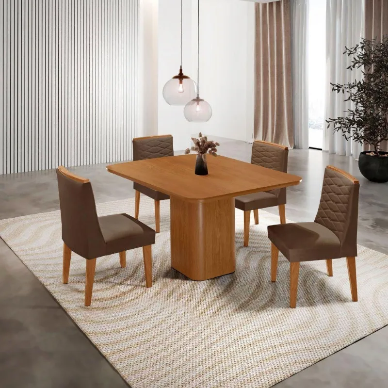 Mesa De Jantar Eloise Canto Copo 4 Cadeiras Moderna Mobília Veludo Marrom/naturalle - Moderna