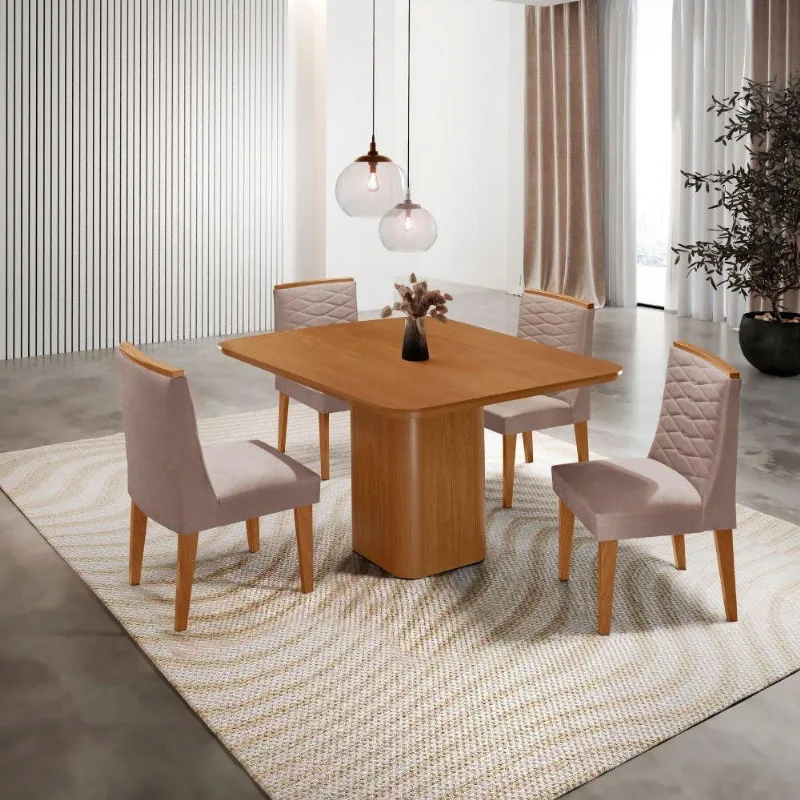 Mesa De Jantar Eloise Canto Copo 4 Cadeiras Moderna Mobília Linho Capuccino/ - Moderna
