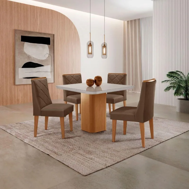 Mesa De Jantar Eloise Canto Copo 4 Cadeiras Isadora Moderna Veludo Marrom/off White/ - Moderna