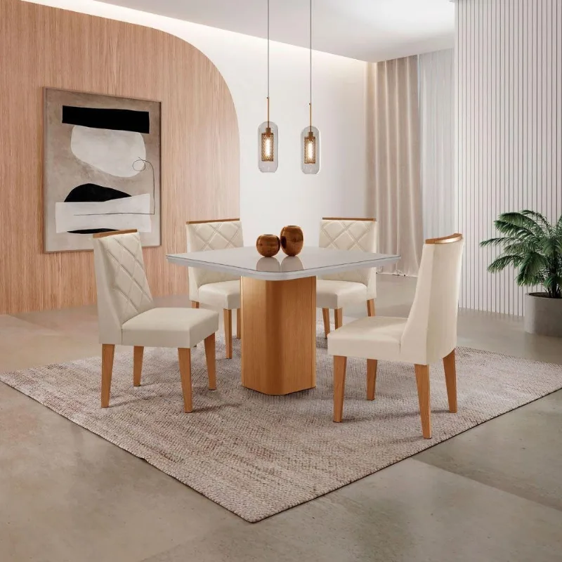 Mesa De Jantar Eloise Canto Copo 4 Cadeiras Isadora Moderna Veludo Creme/off White/naturale - Moderna