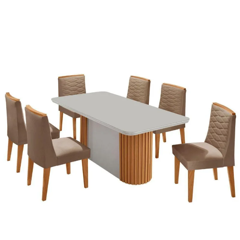 Mesa Jantar Aspen Tampo Mdf Vidro 6 Cadeiras Eloise Moderna Veludo Capuccino Off White Naturale - Moderna