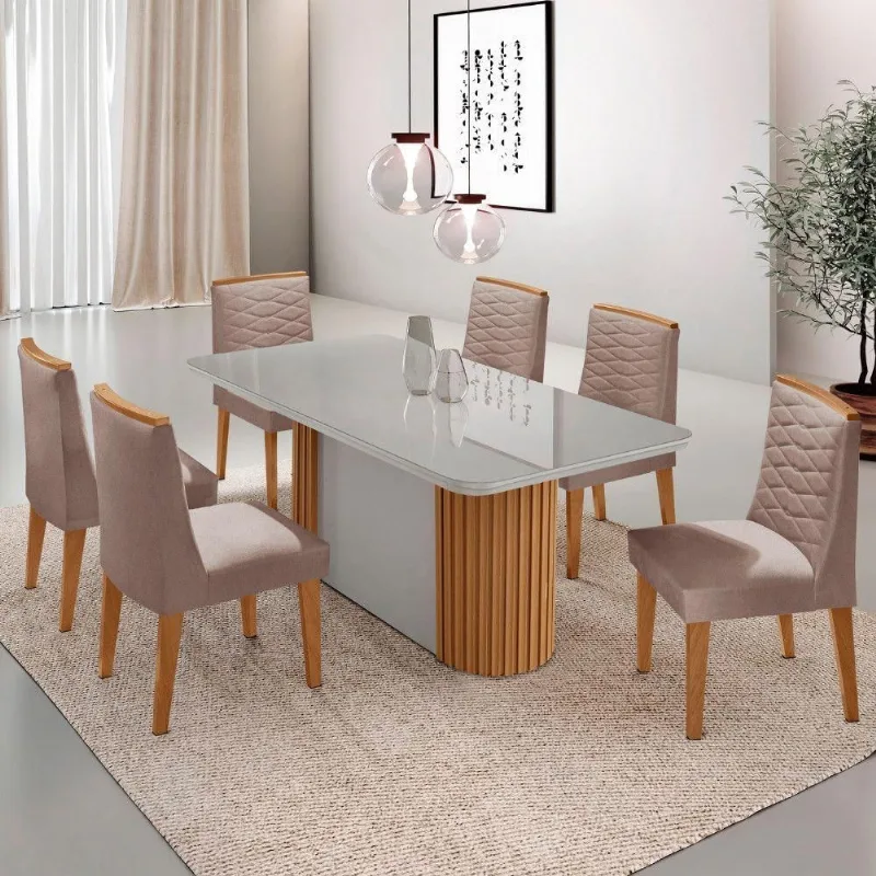 Mesa Jantar Aspen Tampo MDF Vidro 6 Cadeiras Eloise Moderna Linho Capuccino Off White - Moderna