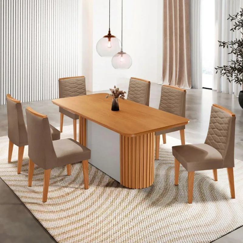 Mesa De Jantar Aspen Com 6 Cadeiras Eloise Moderna Mobília Veludo Capuccino Naturalle - Moderna
