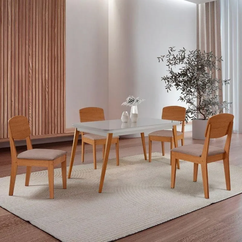 Mesa De Jantar Copper 120cm Tampo Mdf Vidro 4 Cad Copper Linho Capuccino/nat/off/serig. Off