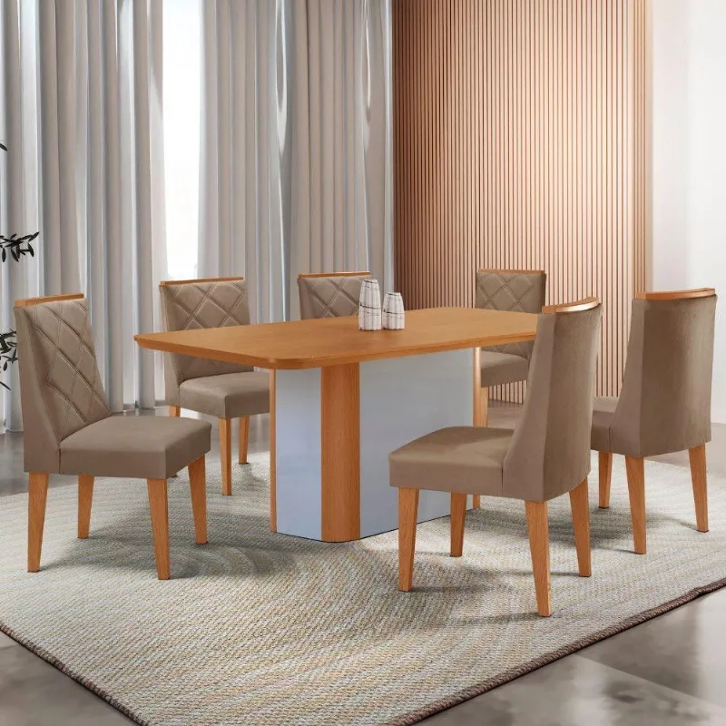 Mesa De Jantar Isadora Tampo MDF 6 Cadeiras Isadora Moderna Veludo Capuccino Naturalle - Moderna