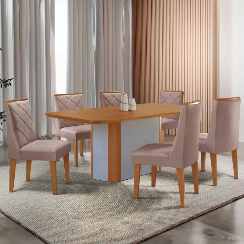 Mesa De Jantar Isadora Tampo MDF 6 Cadeiras Isadora Moderna Linho Capuccino - Moderna
