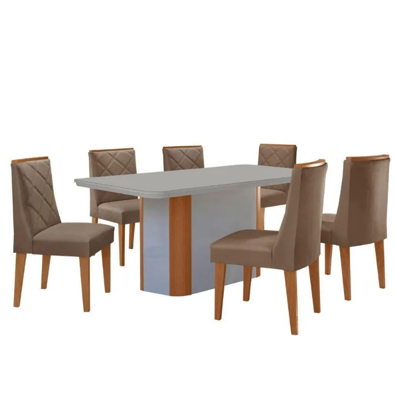 Mesa Jantar Isadora 180cm 6 Cadeiras Isadora Moderna Mobília Veludo Capuccino Off White - Moderna