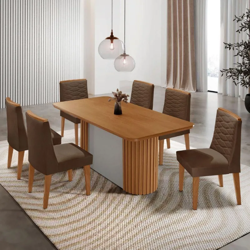 Mesa De Jantar Aspen Com 6 Cadeiras Eloise Moderna Mobília Veludo Marrom/naturalle - Moderna
