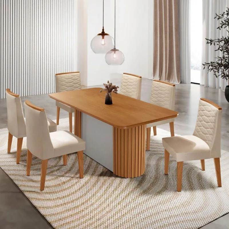 Mesa De Jantar Aspen Com 6 Cadeiras Eloise Moderna Mobília Veludo Creme Naturale - Moderna