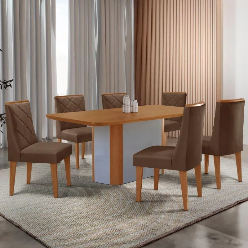 Mesa De Jantar Isadora Tampo MDF 6 Cadeiras Isadora Moderna Veludo Marrom Naturalle - Moderna