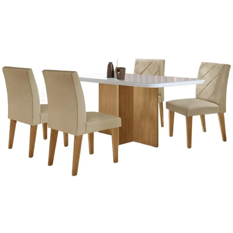 Conjunto Mesa Berlim 120cm Tampo Com Vidro 4 Cadeiras Berlim Turim 07 Off White Naturalle - Rufato