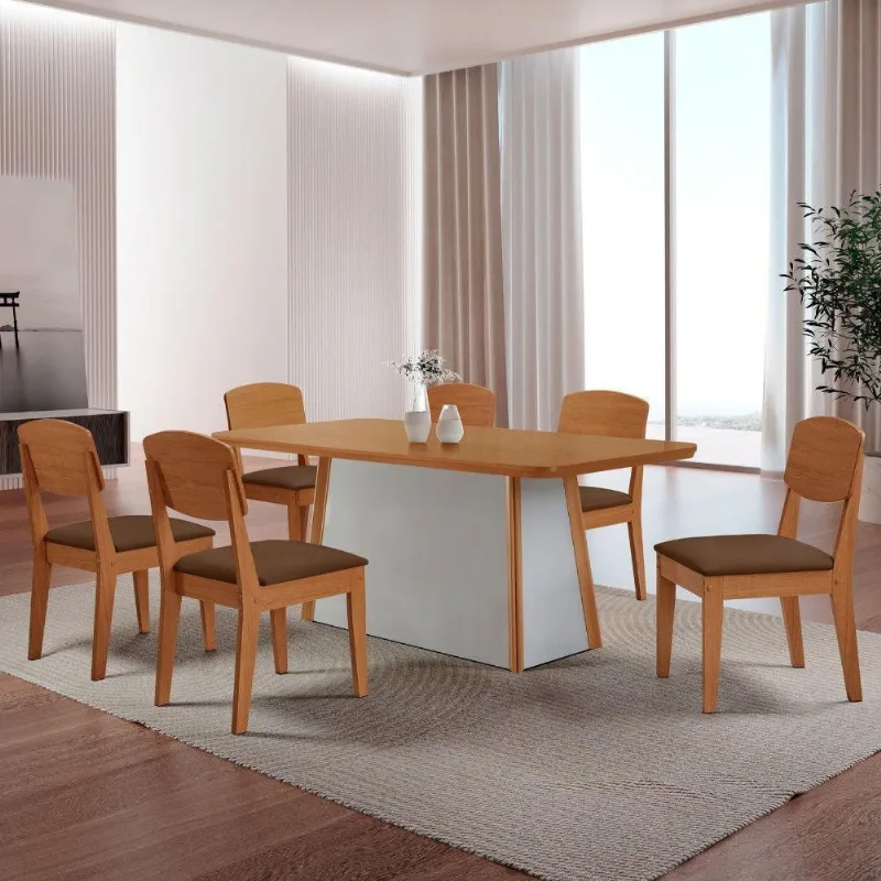 Mesa De Jantar Diane 180cm Tampo Mdf Canto Copo E 6 Cadeiras Veludo Marrom/naturale/off White - Moderna