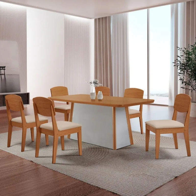 Mesa De Jantar Diane 180cm Tampo Mdf Canto Copo E 6 Cadeiras Veludo Creme/naturale/off White - Moderna