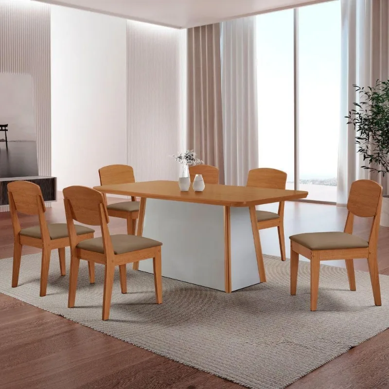 Mesa De Jantar Diane 180cm Tampo Mdf Canto Copo E 6 Cadeiras Veludo Capuccino/naturale/off White - Moderna