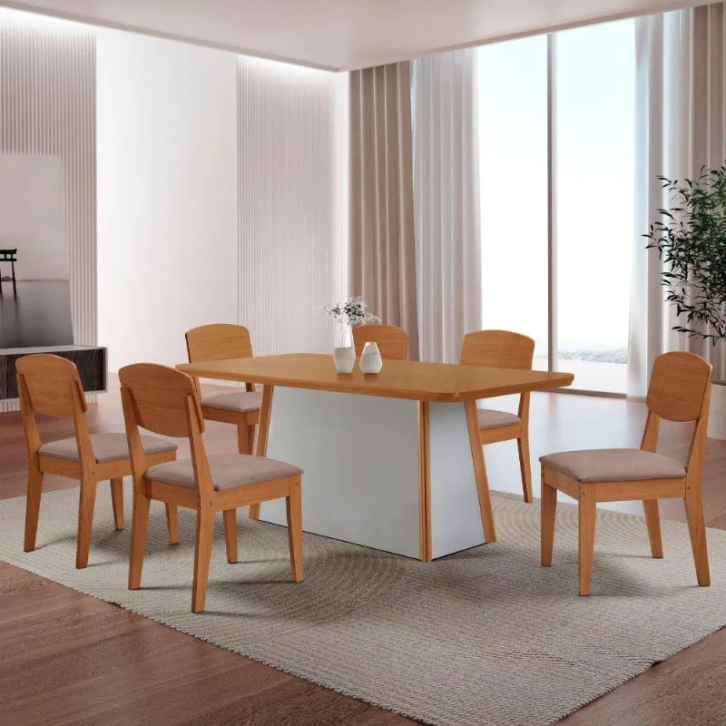 Mesa De Jantar Diane 180cm Tampo Mdf Canto Copo E 6 Cadeiras Linho Capuccino /naturale /off White - Moderna