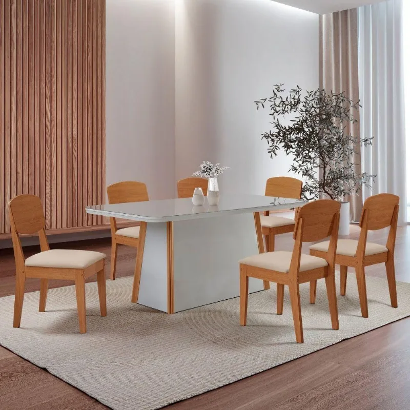 Mesa Diane 180cm Tampo Mdf Vidro Canto Copo Com 6 Cadeiras Veludo Creme /off /naturale /serig Off - Moderna