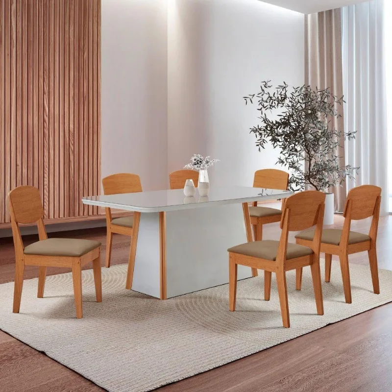 Mesa Diane 180cm Tampo Mdf Vidro Canto Copo Com 6 Cadeiras Vel Capuccino /off /naturale /serig Off - Moderna