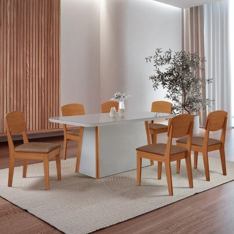 Mesa Diane 180cm Tampo Mdf Vidro Canto Copo Com 6 Cadeiras Tork /off /naturale /serig Off - Moderna