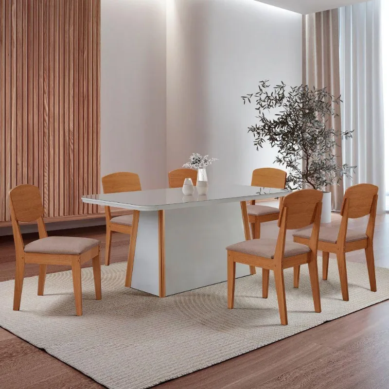 Mesa Diane 180cm Tampo Mdf Vidro Canto Copo Com 6 Cadeiras Linho Capuccino Off White Naturale Serigueira - Moderna