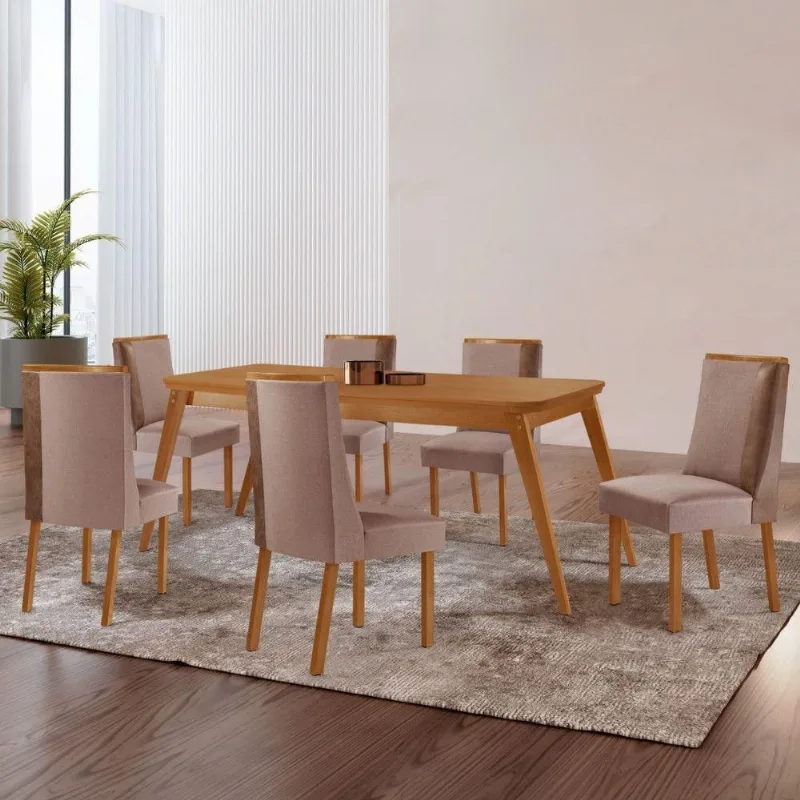 Mesa Jantar Copper Madeira 6 Cadeiras Diane Moderna - Moderna