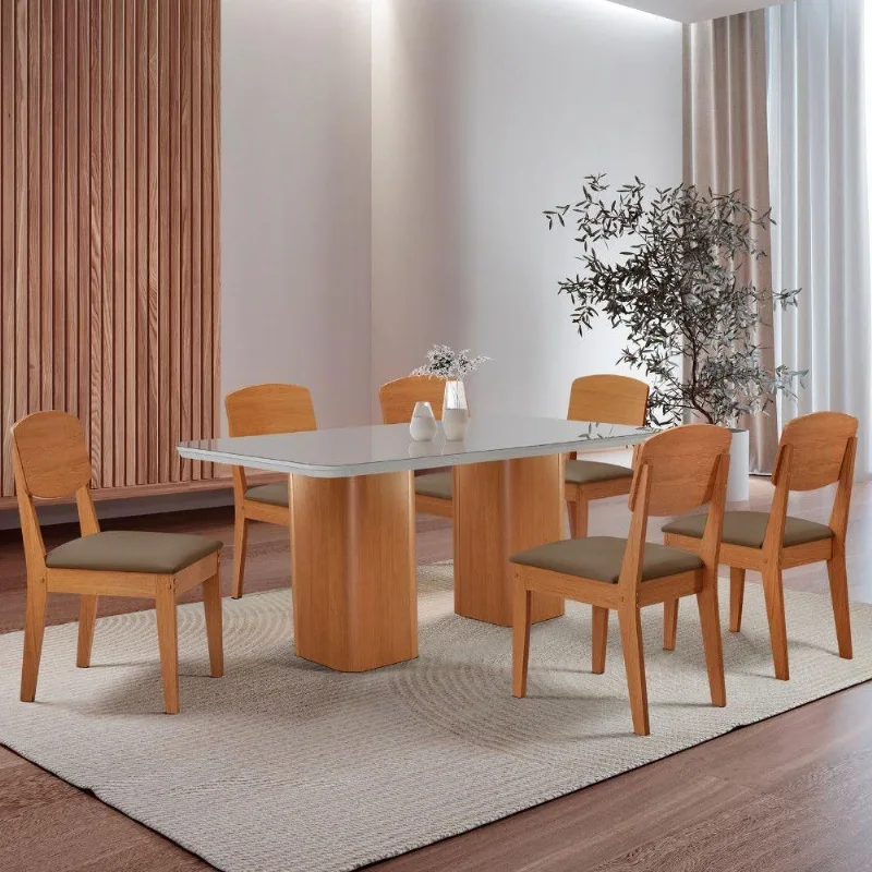 Mesa De Jantar Eloise 180cm Tampo Mdf 6 Cadeiras Moderna Veludo Capuccino/nat/off/serig. Off - Moderna