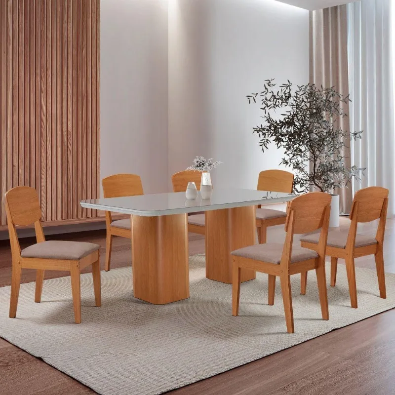 Mesa De Jantar Eloise 180cm Tampo Mdf 6 Cadeiras Moderna Linho Capuccino/nat/off/serig. Off - Moderna