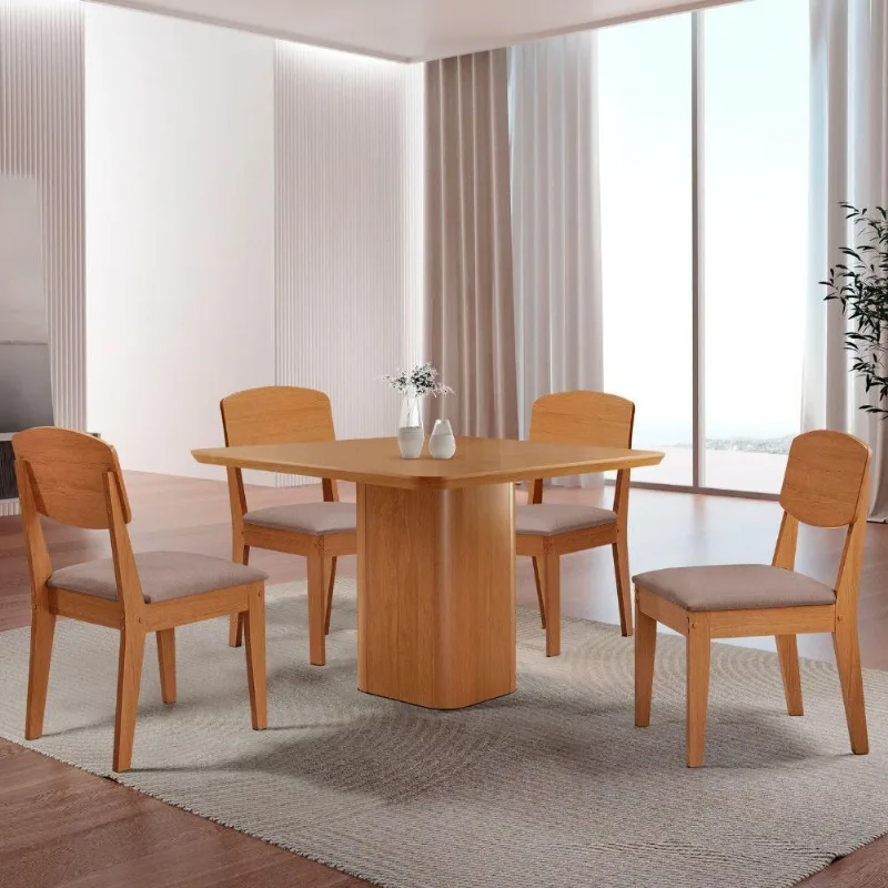 Mesa De Jantar Eloise 90cm Tampo Mdf 4 Cadeiras Copper Linho - Moderna