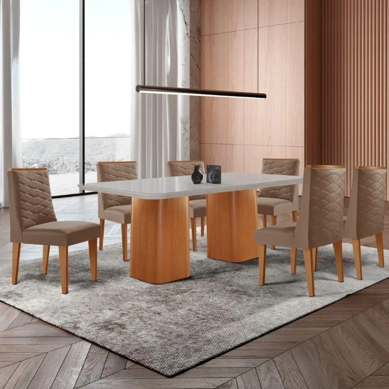 Mesa De Jantar Eloise Tampo Mdf 6 Cadeiras Capuccino/nat/off - Moderna