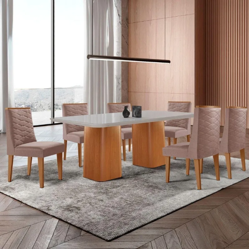 Mesa De Jantar Eloise 180cm Tampo Mdf 6 Cadeiras Moderna Linho Capuccino/nat/off/serig. Off - Moderna