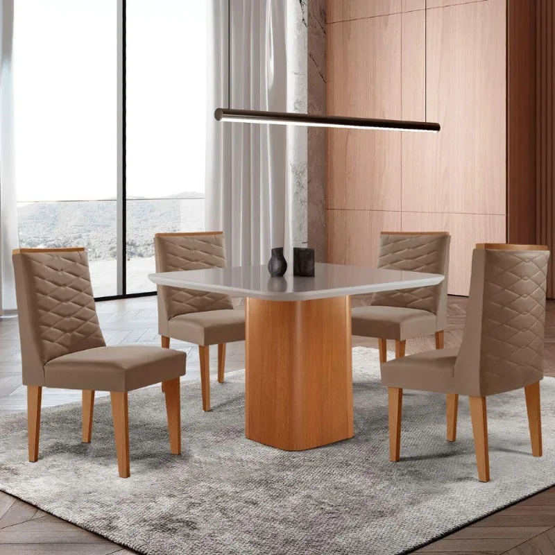 Mesa De Jantar Eloise 90cm Tampo Mdf 4 Cadeiras Moderna Veludo Capuccino/nat/off/serig. Off - Moderna