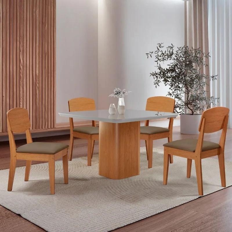 Mesa De Jantar Eloise 90cm Tampo Mdf 4 Cadeiras Copper Veludo Capuccino/nat/off/serig. Off - Moderna
