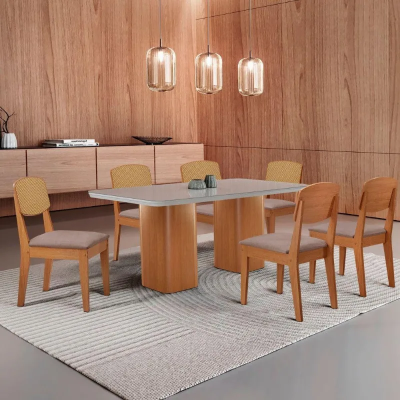 Mesa De Jantar Eloise 180cm Tampo Mdf 6 Cadeiras Moderna Linho Capuccino/nat/off/serig. Off - Moderna