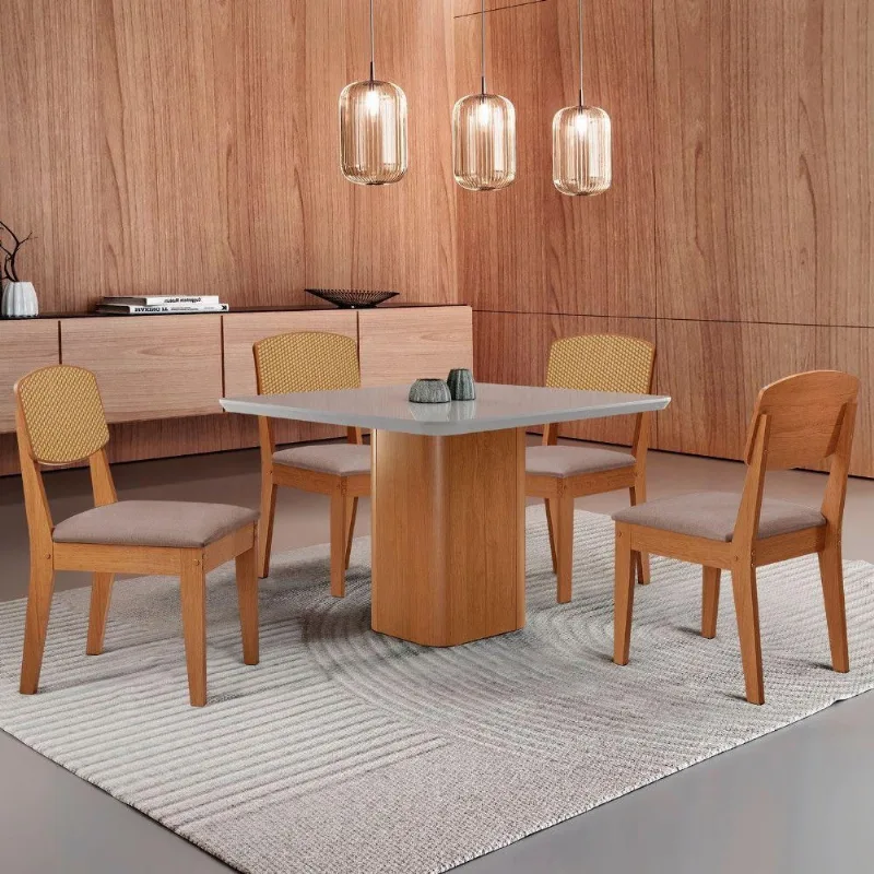 Mesa De Jantar Eloise 90cm Tampo Mdf 4 Cadeiras Moderna Linho Capuccino/nat/off/serig. Off - Moderna