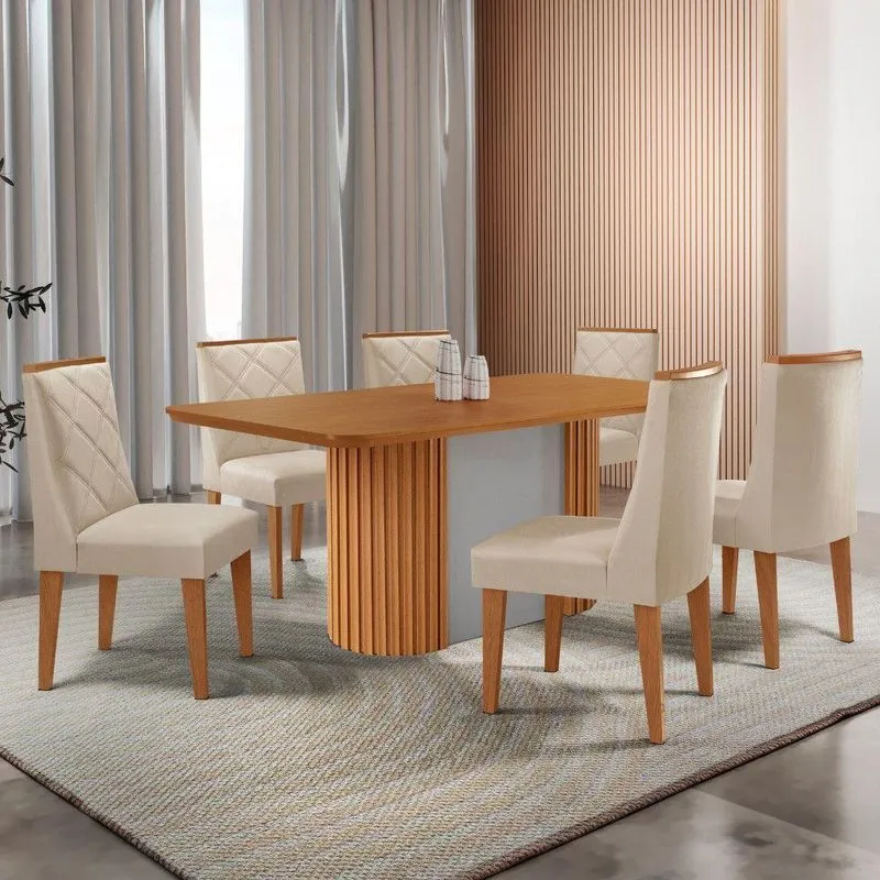 Mesa De Jantar Aspen 180cm Tampo Mdf Laminado Com 6 Cadeiras Veludo Creme/naturale/off White