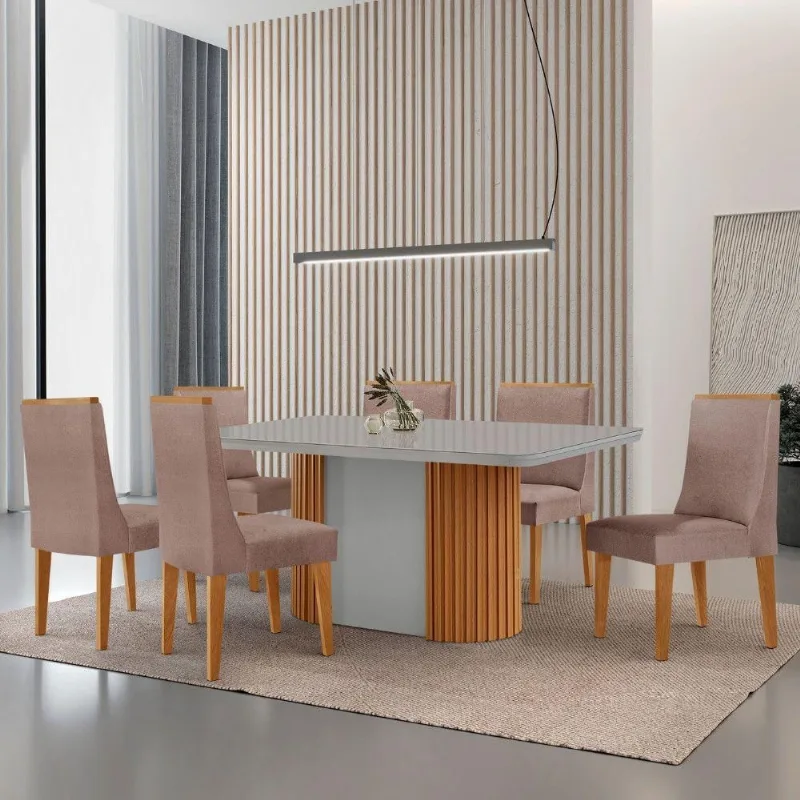 Mesa De Jantar Aspen 180cm Tampo Mdf E Vidro 6 Cadeiras Lisboa Linho Capuccino/nat/off/serig. Off