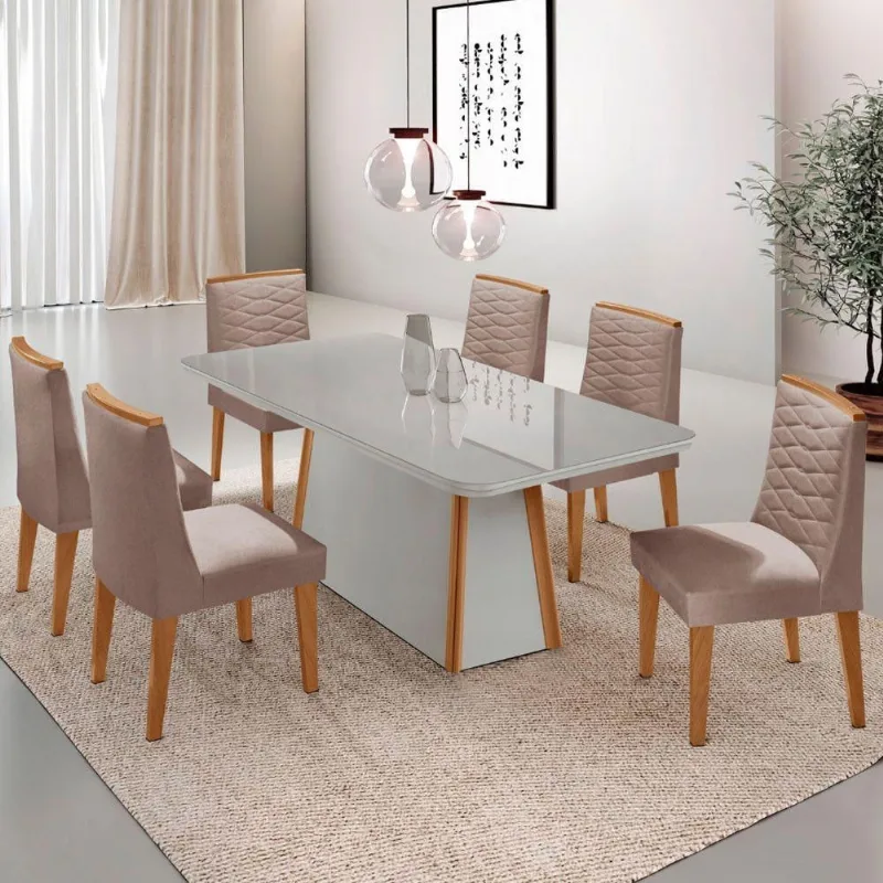 Mesa De Jantar Diane 180cm Mdf Vidro Com 6 Cadeiras Moderna Linho Capuccino Off White Serigrafia - Moderna