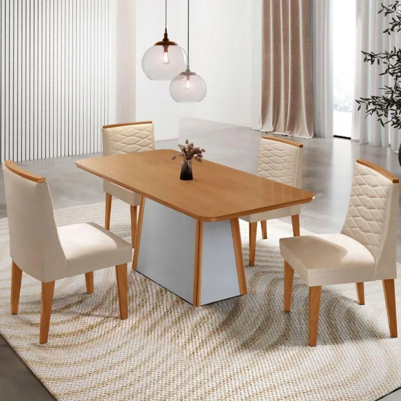 Mesa De Jantar Diane 120cm Tampo Mdf Lam 4 Cadeiras Eloise Moderna Veludo Creme Off White - Moderna