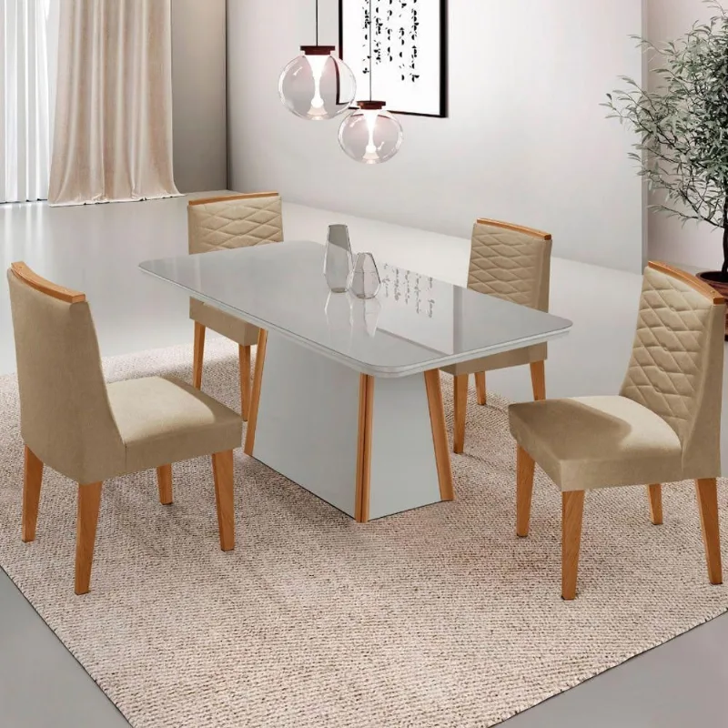 Mesa De Jantar Diane 120cm Tampo Mdf Vidro Cadeiras Eloise Moderna Turim 07 Serigrafia Off White - Moderna