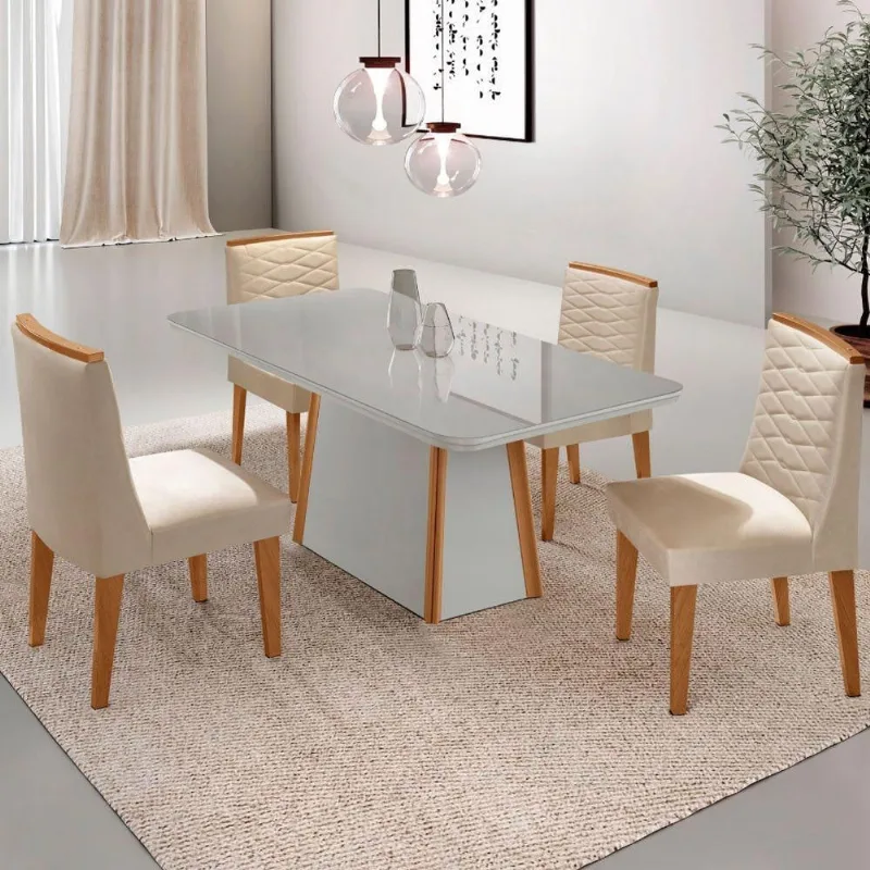 Mesa De Jantar Diane 120cm Tampo Mdf Vidro Cadeiras Eloise Moderna Veludo Creme Off White Serigrafia - Moderna