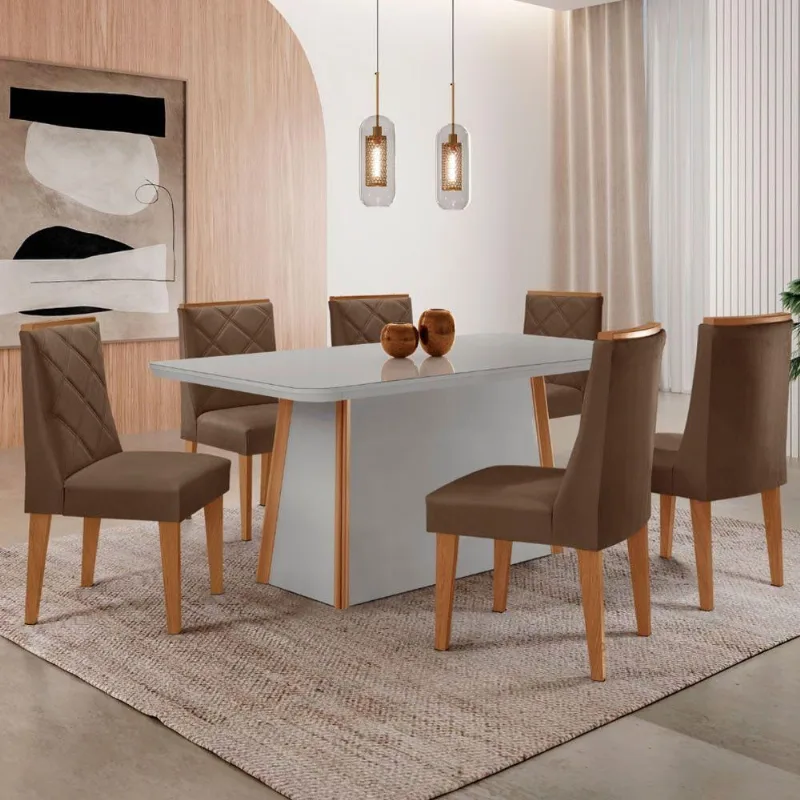 Mesa De Jantar Diane 180cm Tampo Mdf Vidro 6 Cadeiras Isadora Moderna Veludo Marrom Off White Serigrafia - Moderna