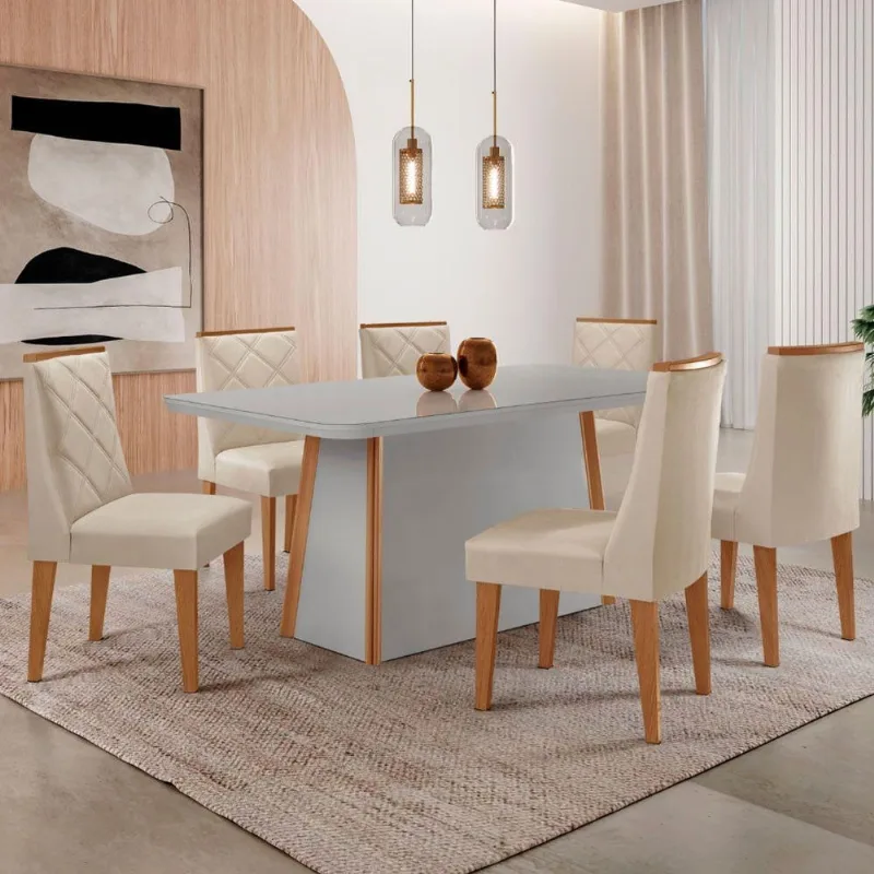 Mesa De Jantar Diane 180cm Tampo Mdf Vidro 6 Cadeiras Isadora Moderna Veludo Creme Off White Serigrafia - Moderna