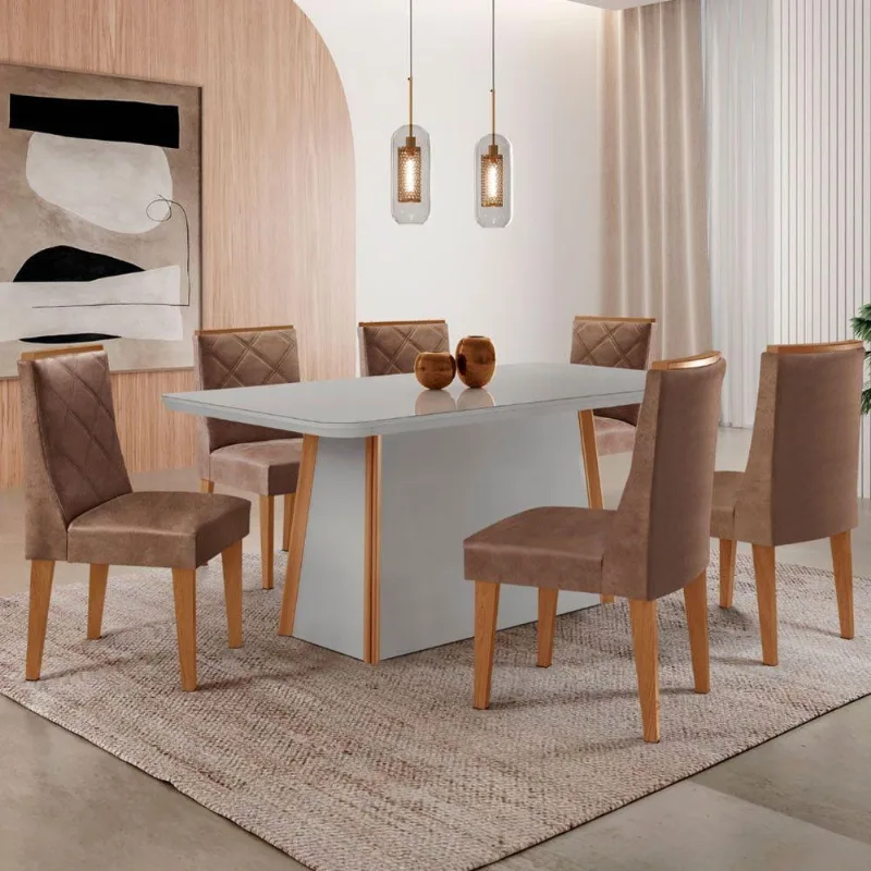 Mesa De Jantar Diane 180cm Tampo Mdf Vidro 6 Cadeiras Isadora Moderna Tork Serigrafia Off White - Moderna
