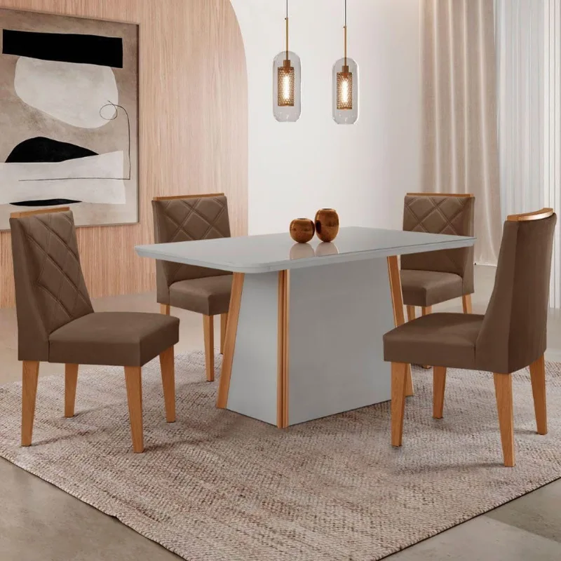 Mesa Jantar Diane 120cm Tampo Mdf E Vidro 4 Cadeiras Isadora Moderna Veludo Marrom Off White Serigrafia - Moderna